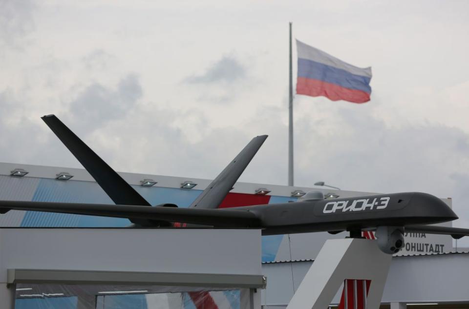A Russian Orion drone sits on display at at military forum in Kubinka, Russia, on Aug. 21, 2018. (Andrey Rudakov/Bloomberg via Getty Images