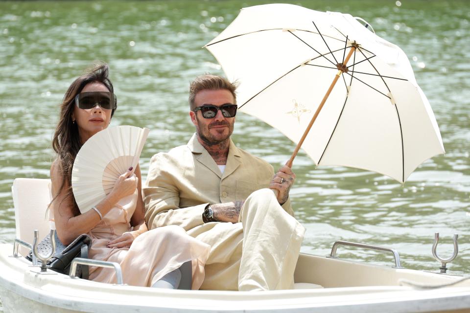 Victoria Beckham and David Beckham attend the "Le Chouchou" Jacquemus' Fashion Show at Chateau de Versailles  in Versailles, France.