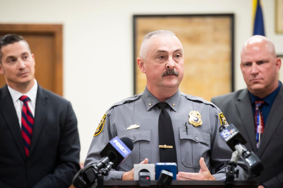 Hanover Borough Police Chief Chad Martin speaks during a press conference at the Hanover Borough Municipal Building on Wednesday, Oct. 11, 2023. Chief Martin was joined by Chief Guy Hettinger (Penn Township), Chief Dave Lash (Northern York Regional), District Attorney Dave Sunday and others.