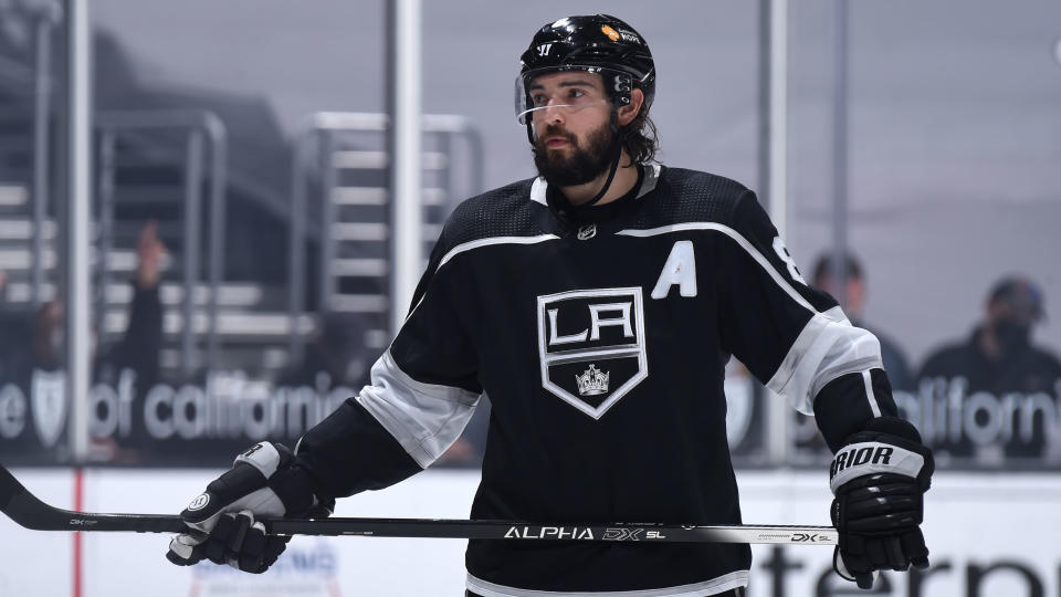 LOS ANGELES, CA - APRIL 5:  Drew Doughty #8 of the Los Angeles Kings looks on during the second period against the Arizona Coyotes at STAPLES Center on April 5, 2021 in Los Angeles, California.  (Photo by Juan Ocampo/NHLI via Getty Images)