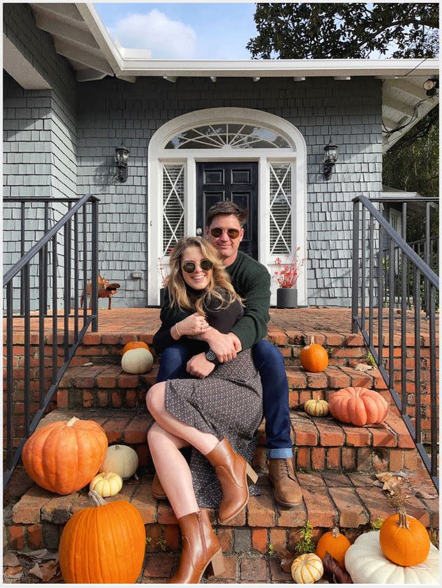 Danielle Riley (left) and her golden retriever husband, Walt. 