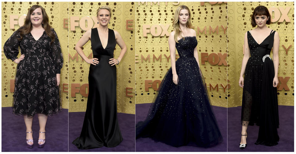 This combination photo shows, from left, Aidy Bryant, from "Saturday Night Live," Kate McKinnon, from "Saturday Night Live, Betty Gilpin, from "GLOW," and Maisie Williams, from "Game of Thrones," at the 71st Primetime Emmy Awards in Los Angeles on Sept. 22, 2019. (AP Photo)