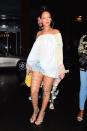 <p>In a Chloé blouse, denim shorts and extreme lace-up sandals outside of 1Oak in NYC</p>