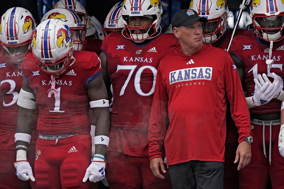 Kansas head football coach Lance Leipold waits to run onto the field with his team before a game against BYU on Sept. 23 this year in Lawrence.