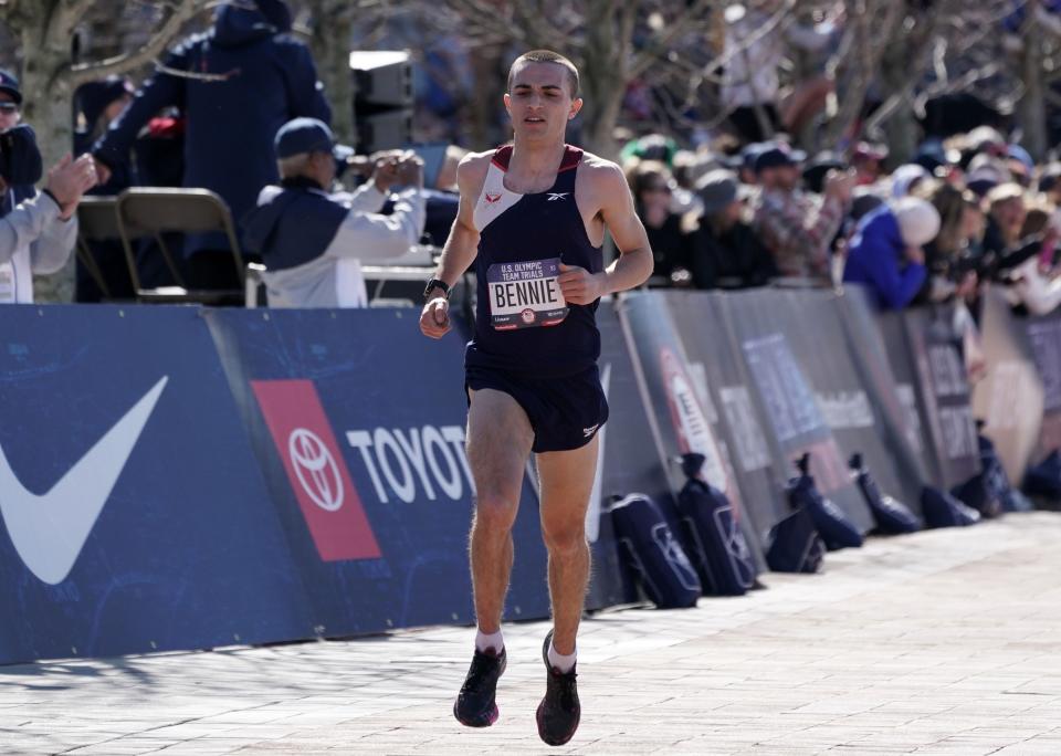 Colin Bennie placed ninth in his first marathon, at the 2020 U.S. Olympic Marathon Trials in Atlanta, in 2:12:14.