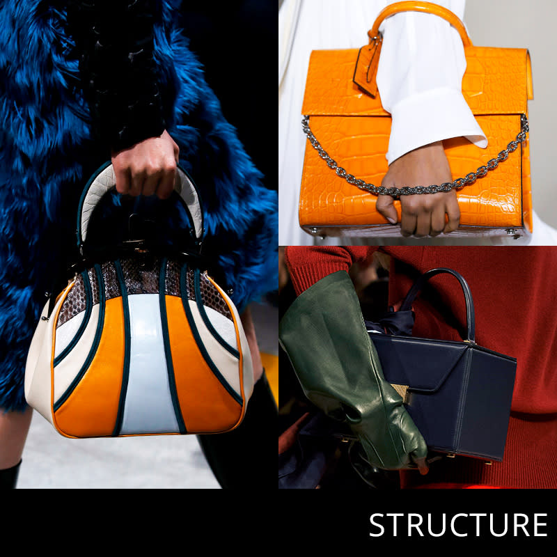 <p>Proper ladylike bags are major this season, with vintage flair to boot. Everything from sharp portfolios to rounded bowler bags to vanity-style boxes are sleek and chic.</p> <h4>Marni, Louis Vuitton, Victoria Beckham. Photos: Getty Images</h4>