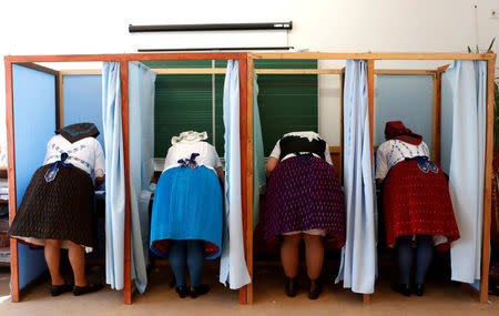 Hungarian women, wearing traditional costumes, fill their ballot papers at a polling station during Hungarian parliamentary elections in Veresegyhaz, Hungary April 8, 2018. REUTERS/Bernadett Szabo TPX IMAGES OF THE DAY