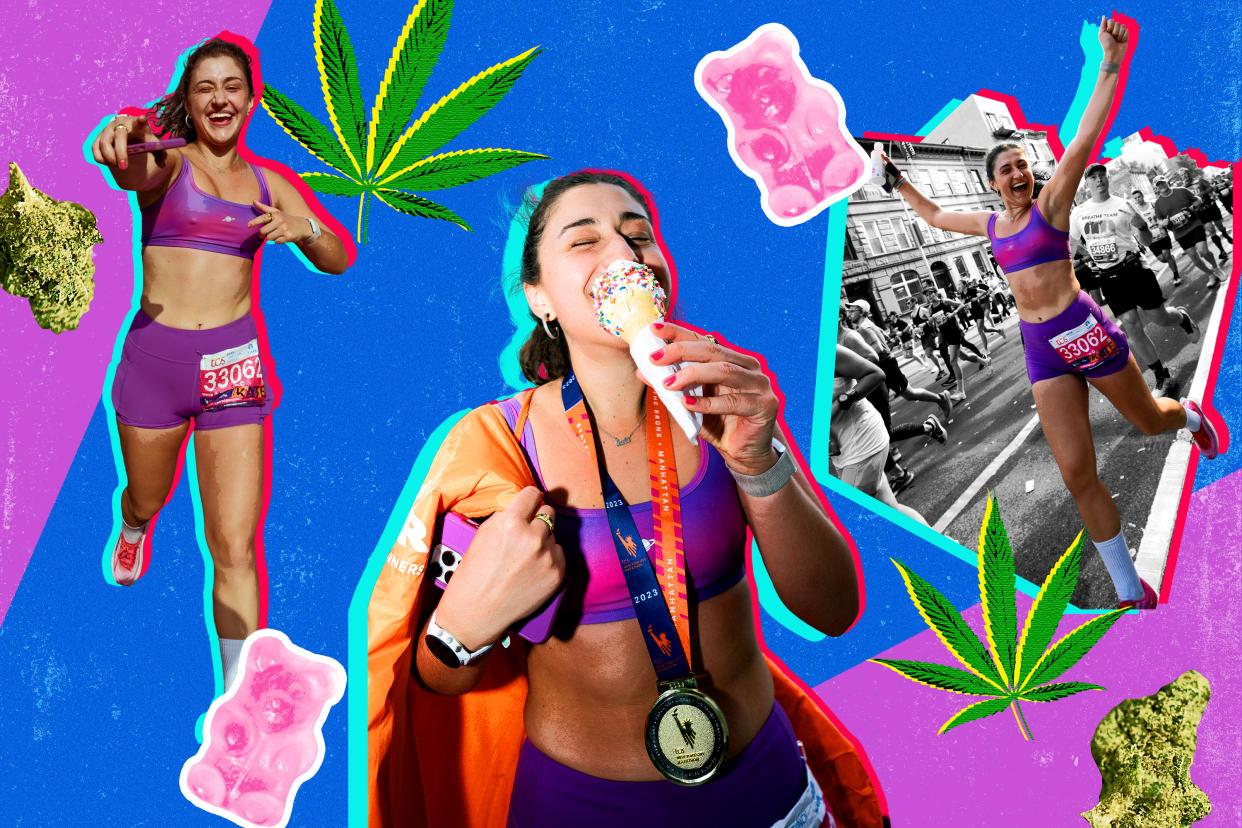 Kate Glavan talks about using THC to achieve her runner's high. (Photo illustration: Yahoo News; photo: Getty Images)