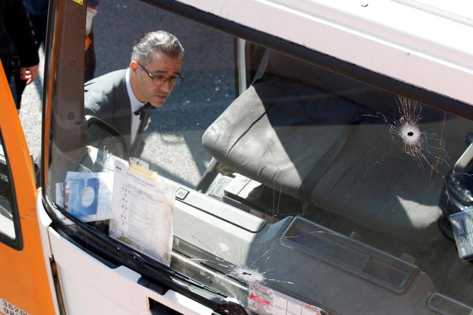 Bullet hole: The truck was shot at by police before the vehicle was stopped (Albert Gea/Reuters)