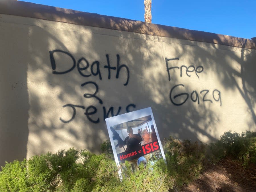 <em>Anti-Semitic graffiti seen near Fort Apache Road and Charleston Boulevard following Israel-Hamas war tensions (KLAS) </em>