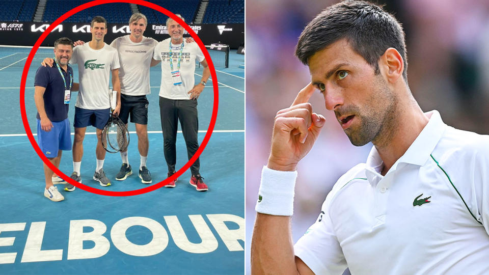 Pictured left, Novak Djokovic and his team on Rod Laver Arena after he was freed from immigration detention.