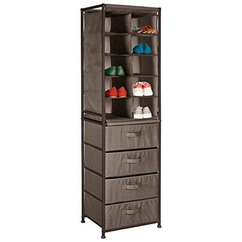 14) mDesign Soft Fabric Shoe Tower & 4 Drawers Organizer Combination Unit for Bedroom, Hallway, Entryway, Closets - Sturdy Steel Frame, Easy Pull Fabric Bins With Handles - Textured Print - Espresso Brown