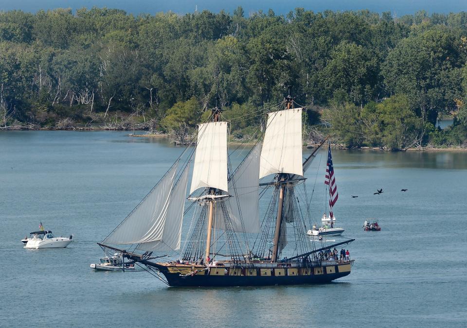 The U.S. Brig Niagara enters Presque Isle Bay from Lake Erie to lead the Parade of Sail, kicking off Tall Ships Erie 2022. The ship's owner, the Pennsylvania Historical & Museum Commission, is taking over sailing and maintenance operations from the Flagship Niagara League.