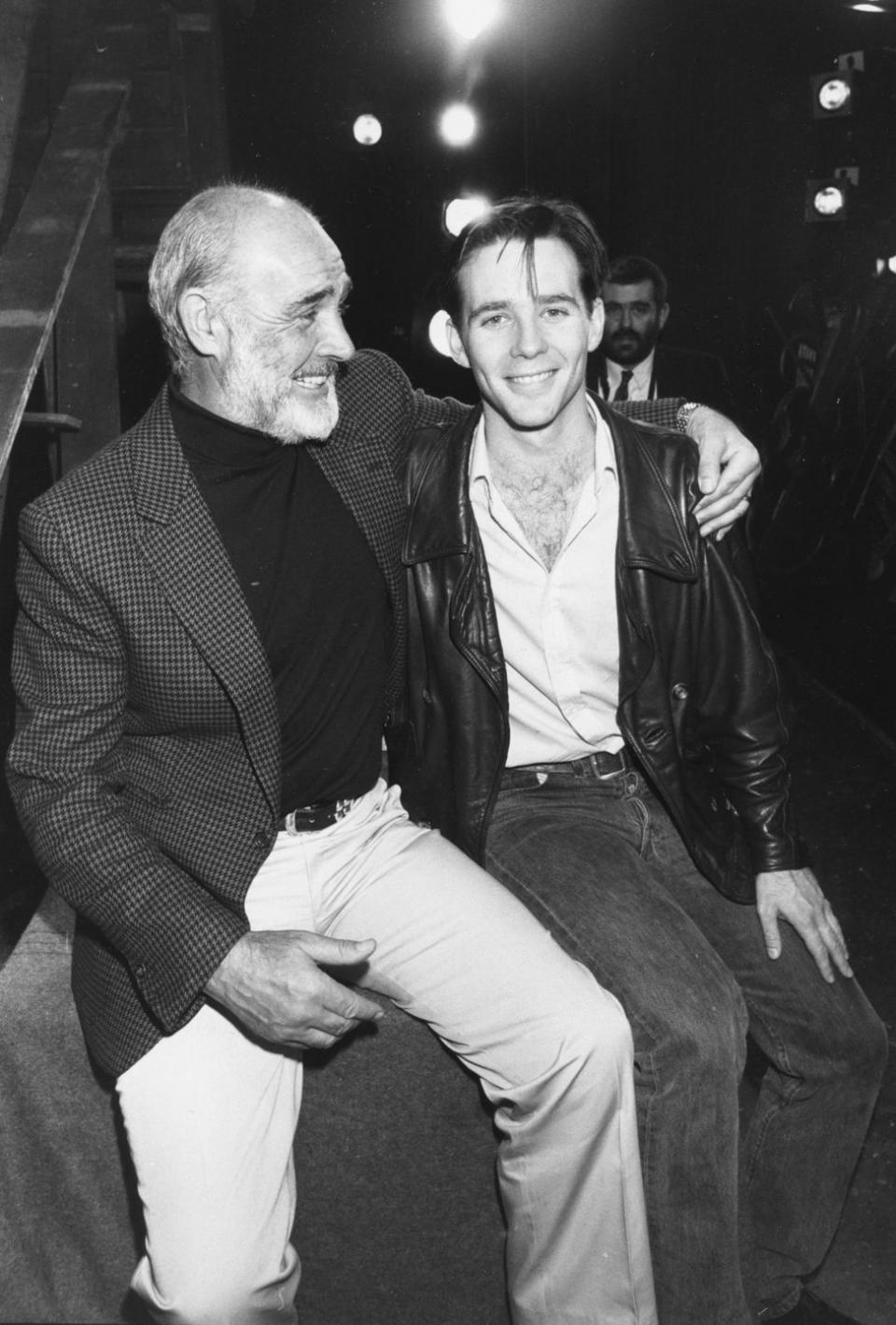 <p>Sean Connery shows a sign of support by visiting the set of his son Jason's play in 1988. </p>