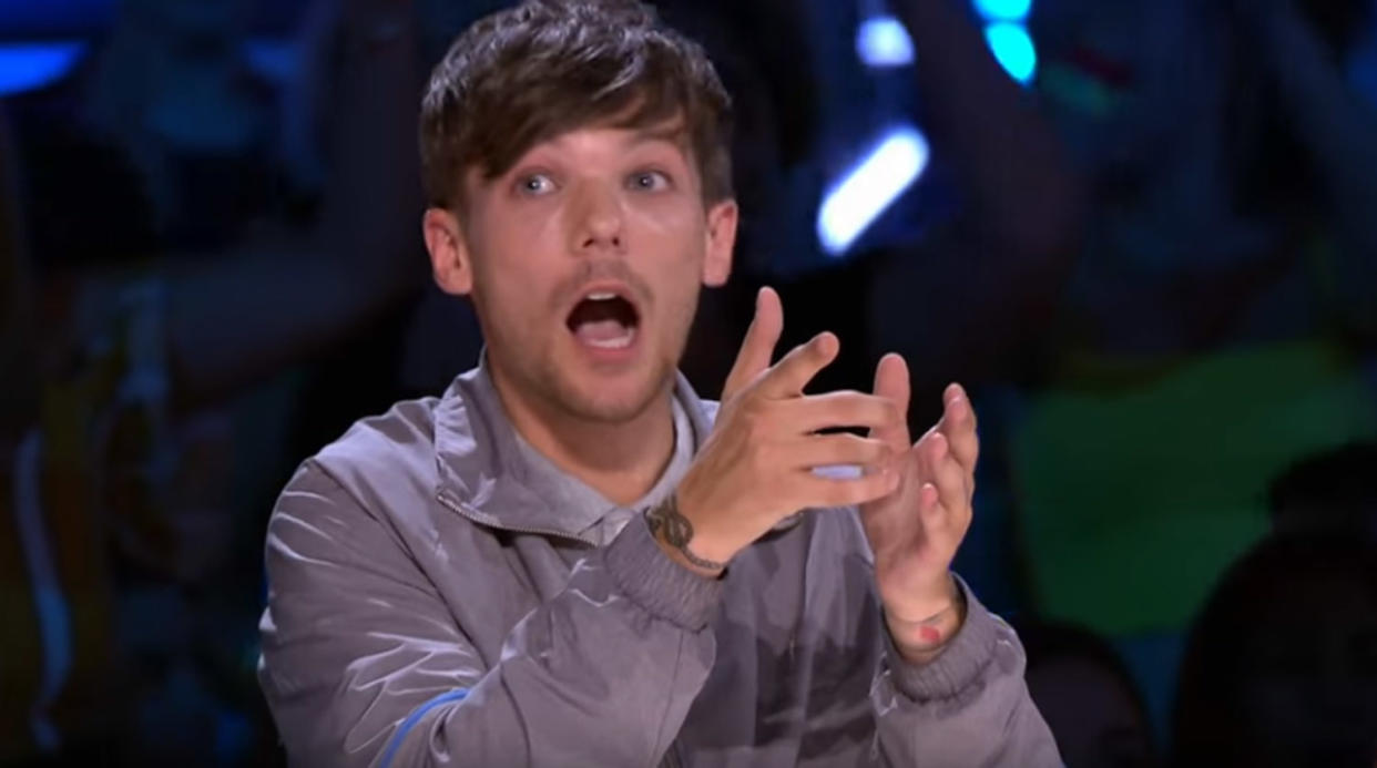 X Factor Judge Louis Tomlinson looks on shocked as Tommy Ludford took a tumble <g class=
