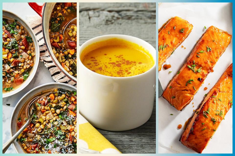 3 columns with different recipes in them. left - is a vegetarian soup, middle - Turmeric Latte, Right - 3 pieces of Salmon