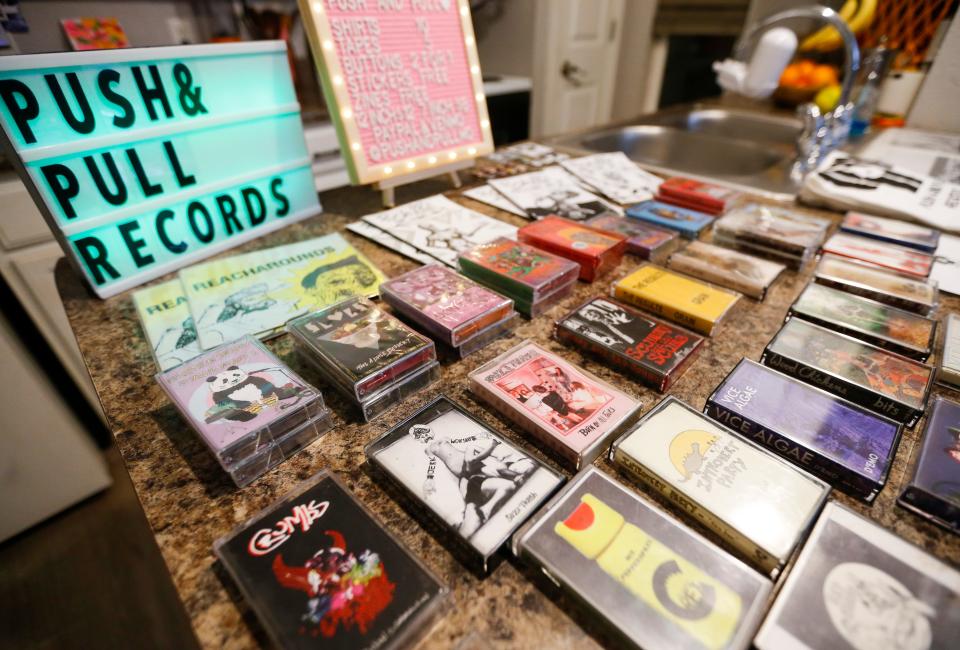 Some of the cassette tapes that Push and Pull Records has put out on their record label.