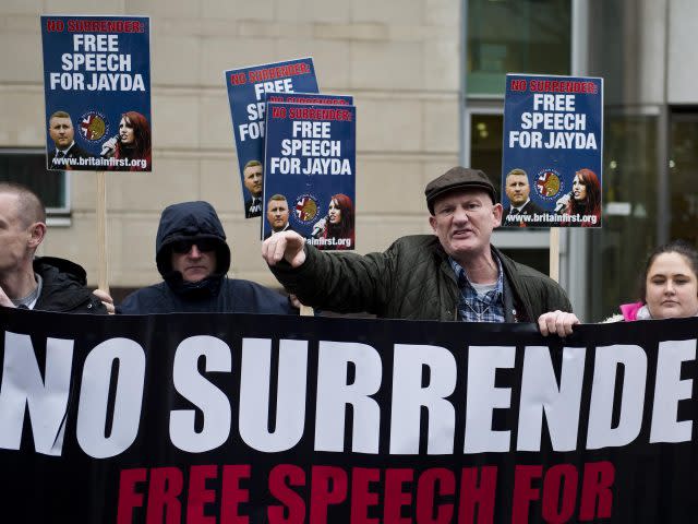 Jayda Fransen's supporters outside court in Belfast (Mark Marlow/PA)