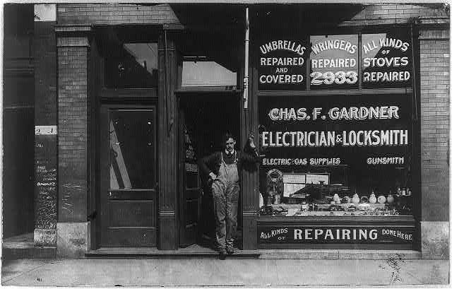 Store of Charles F. Gardner, electrician & locksmith. Only Negro store of its kind in the U.S. at 2933 State St., Chicago, Ill., c. 1899? Part of W.E.B. DuBois collection of 500 photos highlighting Black accomplishment at the 1900 Paris Expo.