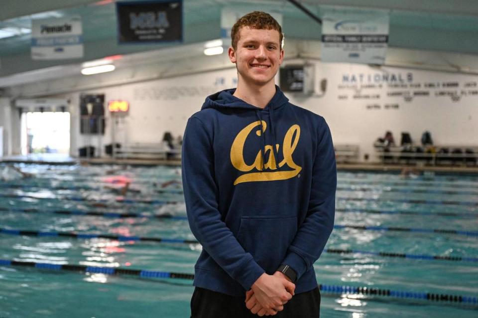 Norvin Clontz, a nationally-ranked swimmer at Charlotte Latin, poses for a portrait at the Mecklenburg Swim Association, where he practices with his team club, in Charlotte, NC, on Wednesday, January 31, 2024.