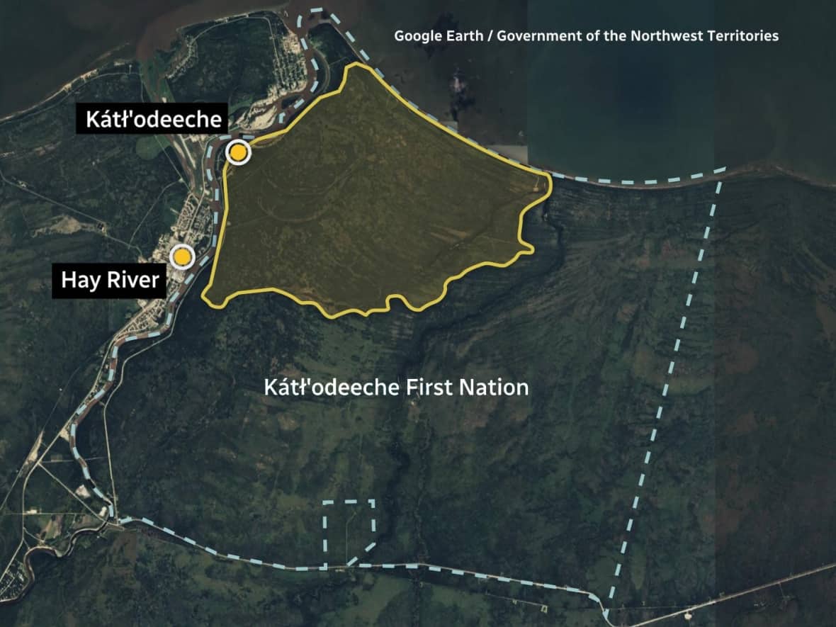 The yellow area is what has been burned by the wildfire, according to an N.W.T. Fire map that was first posted on Tuesday. The dashed perimeter indicates Kátł'odeeche's reserve land. (CBC News Graphics - image credit)
