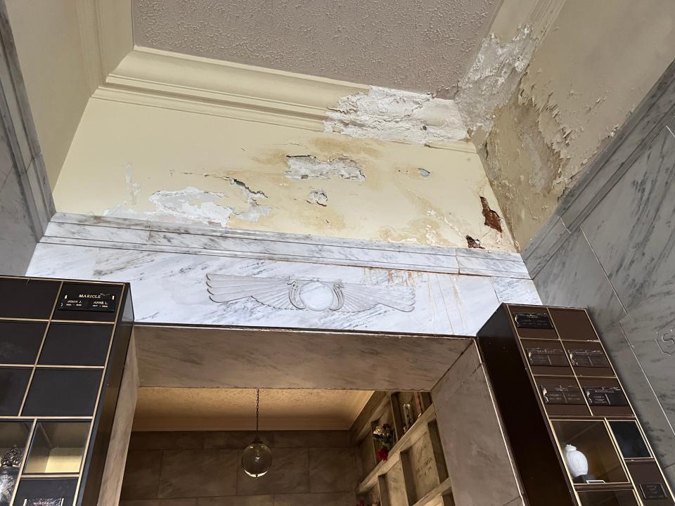 A photo provided by Nancy Vogl to the State Journal shows the walls inside a mausoleum built in the 1920's at Deepdale Memorial Gardens in Delta Township.