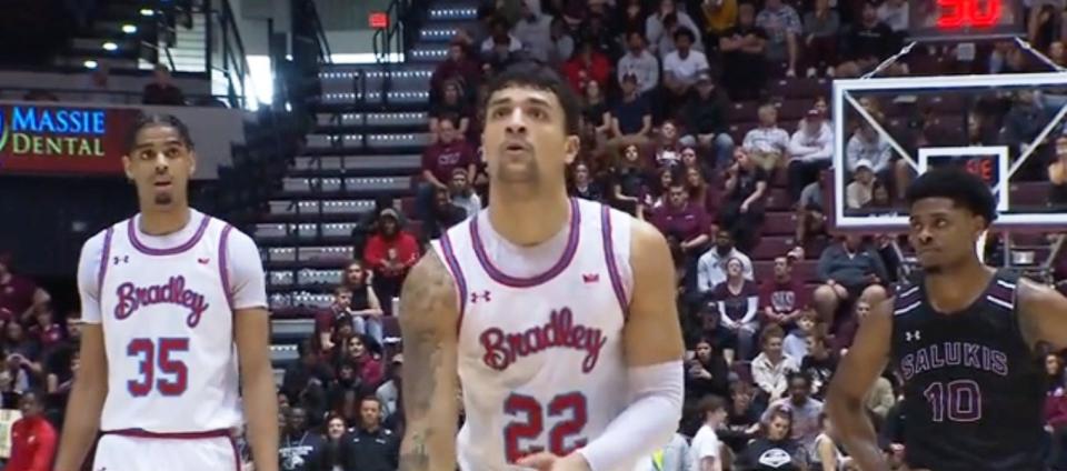 Bradley forward Ja'Shon Henry at the line to complete a 3-point play in the Braves 50-48 win over Southern Illinois at Banterra Center in Carbondale in an MVC game on Sunday, Feb. 19, 2023.