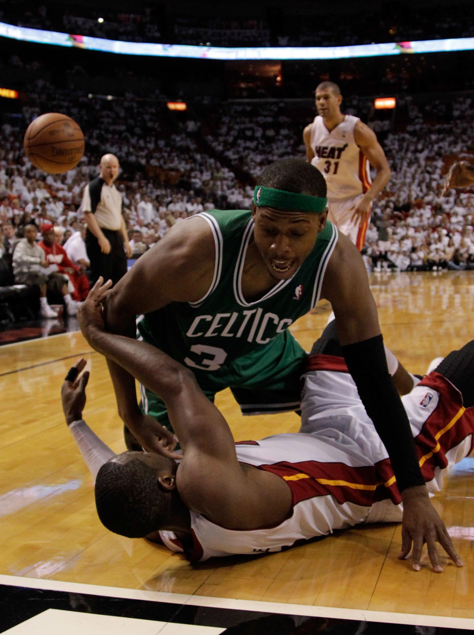 MIAMI, FL - JUNE 09: Paul Pierce #34 of the Boston Celtics attempts to block a pass from Dwyane Wade #3 of the Miami Heat in the third quarter in Game Seven of the Eastern Conference Finals in the 2012 NBA Playoffs on June 9, 2012 at American Airlines Arena in Miami, Florida. (Photo by Mike Ehrmann/Getty Images)