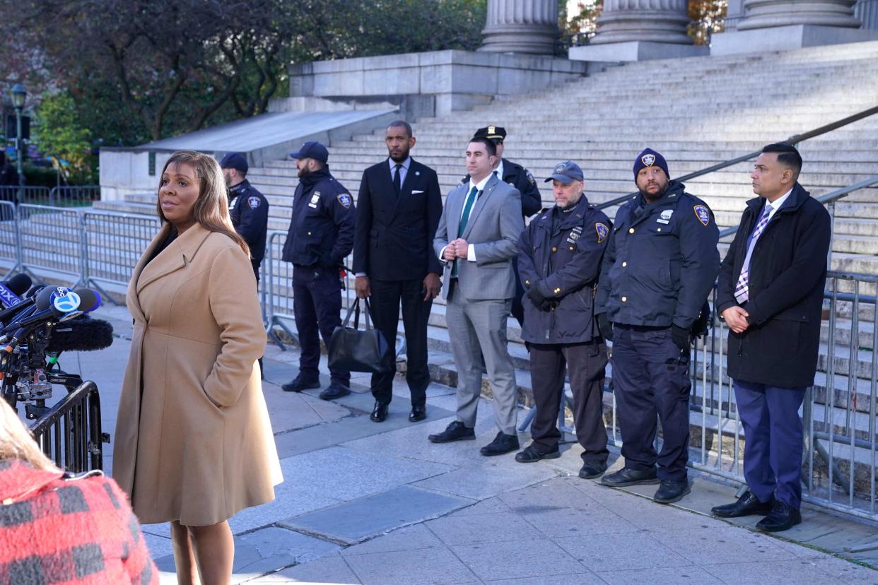 New York State Attorney General Letitia James speaks to the press as she arrives for the Trump Organization civil fraud trial and testimony by Ivanka Trump, daughter of former US President Donald Trump, at the New York State Supreme Court in New York City on Nov. 8, 2023. The former president's daughter left the Trump Organization in 2017 to become a White House advisor and is not a codefendant in the case. Trump, his sons Don Jr and Eric, and other Trump Organization executives are accused of exaggerating the value of their real estate assets by billions of dollars to obtain more favorable bank loans and insurance terms.