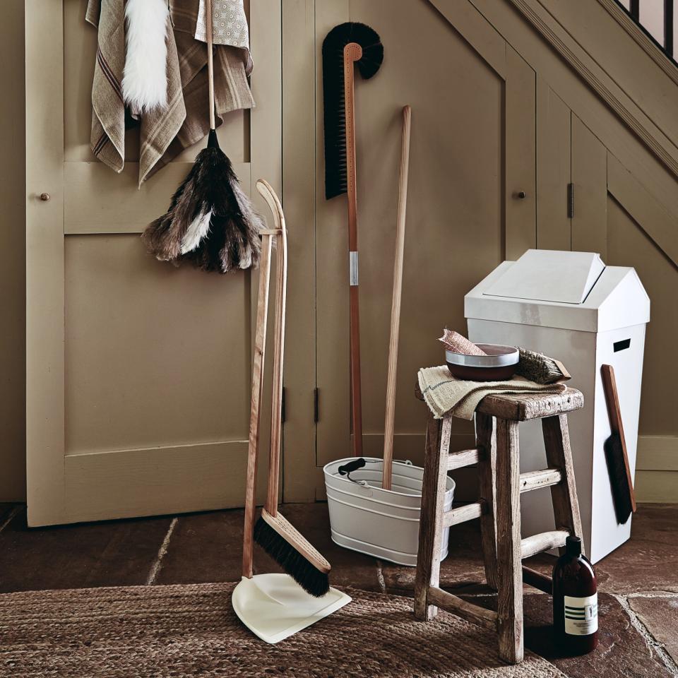 Storage filled with cleaning supplies and brushes