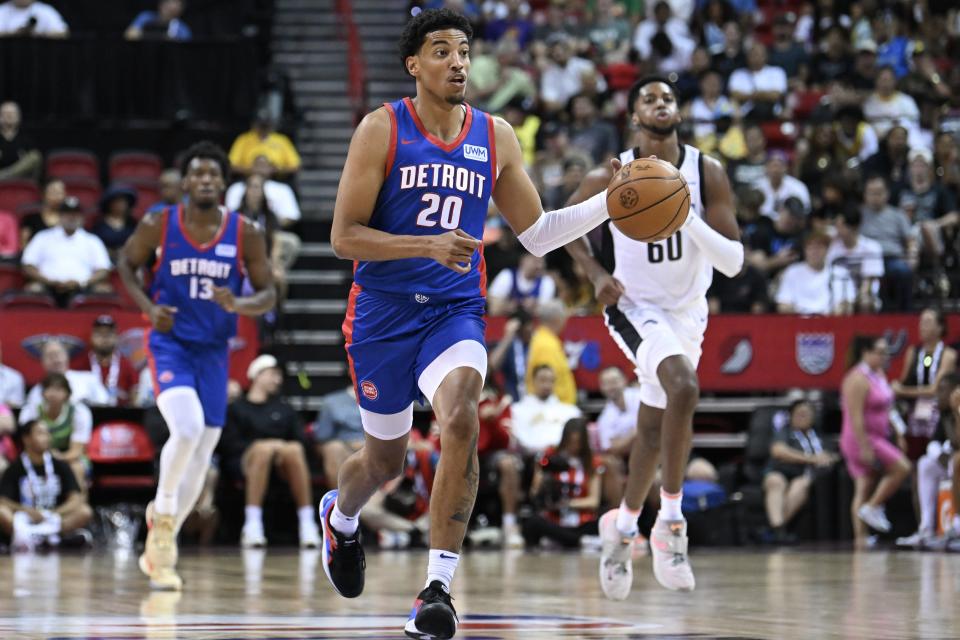 Malcolm Cazalon #20 of Detroit Pistons dribbles against the Orlando Magic during the third quarter of a 2023 NBA Summer League game at the Thomas & Mack Center on July 8, 2023 in Las Vegas, Nevada.