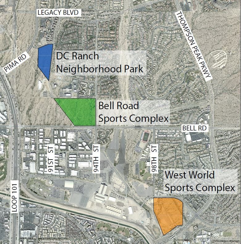 The $40 million Bell Road Sports Complex is made up of three pieces around its namesake street. Between all of the sites, the project will create 11 new multi-use sports fields in Scottsdale.