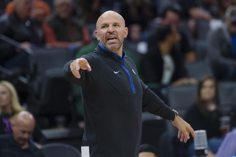 Dallas Mavericks coach Jason Kidd gestures during the second half of the team's NBA basketball game against the Sacramento Kings in Sacramento, Calif., Friday, Feb. 10, 2023. The Mavericks won 122-114. (AP Photo/Randall Benton)