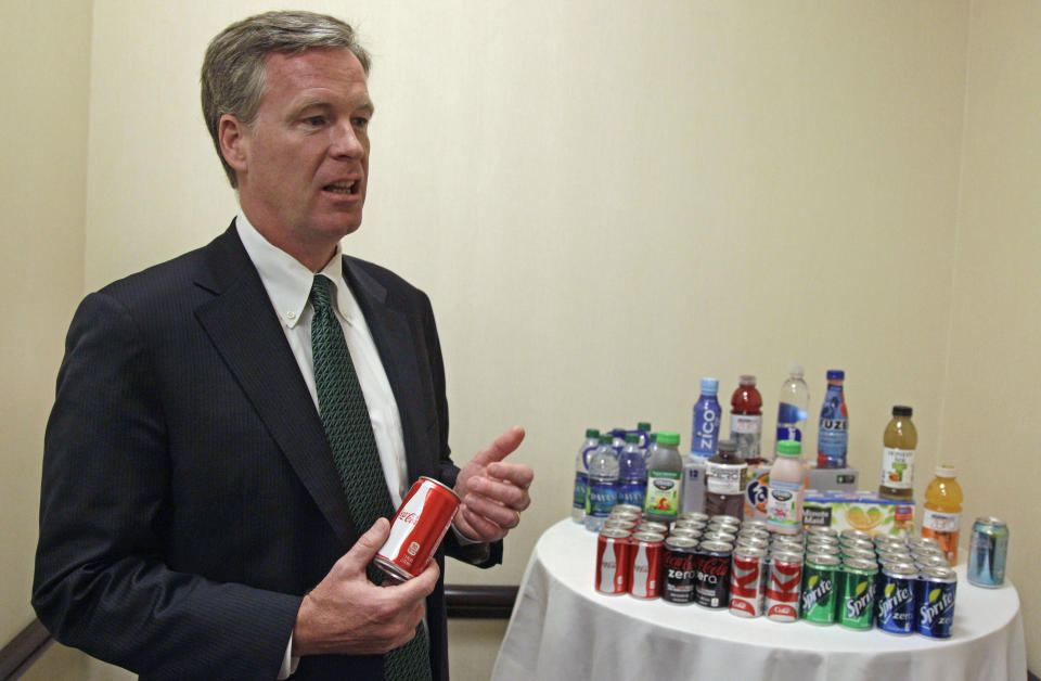 Steve Cahillane, president and CEO of Coca-Cola Refreshments, Inc., speaks during an interview with the Associated Press Thursday, June 7, 2012, while attending the Clinton Global Initiative America gathering in Chicago. Cahillane said that New York Mayor Michael Bloomberg's proposal to ban the sale of large sodas and other sugary drinks unfairly singles out an industry. He says the measure is overly simplistic and would do nothing to address the complex problems of obesity and other health issues. (AP Photo/M. Spencer Green)