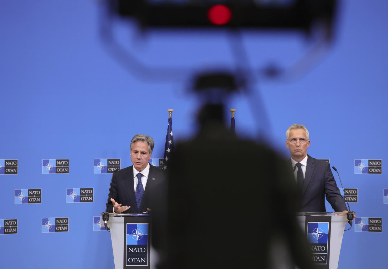 US Secretary of State Antony Blinken, left, and NATO Secretary General Jens Stoltenberg participate in a media conference at NATO headquarters in Brussels, Friday, Sept. 9, 2022. (AP Photo/Olivier Matthys)