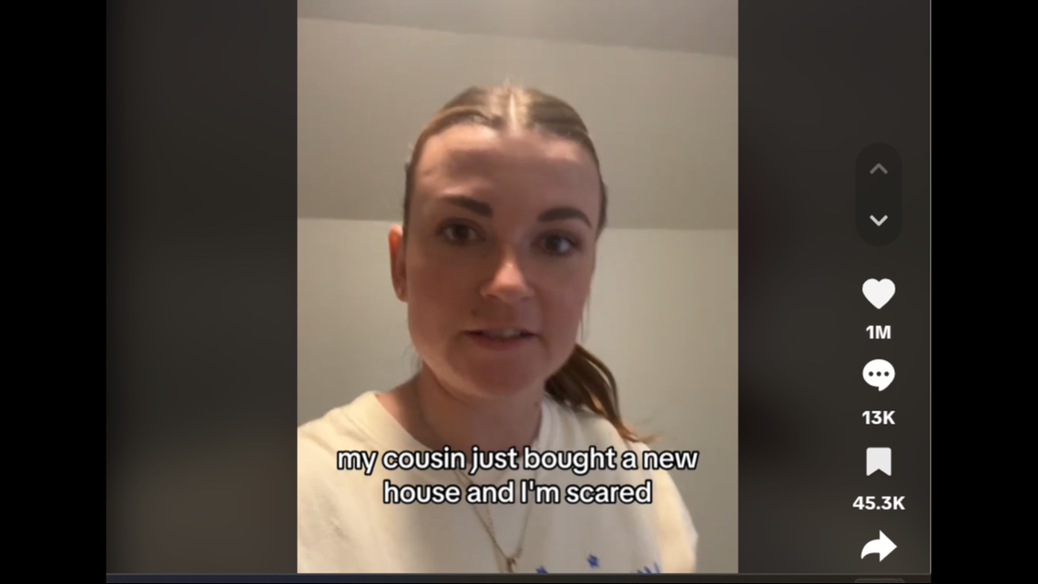 “My cousin just bought a new home, and I’m scared,” Charlotte photographer Noelle Pierce says in the first of two videos she posted showing the “creepy” children’s room and other odd areas of the home