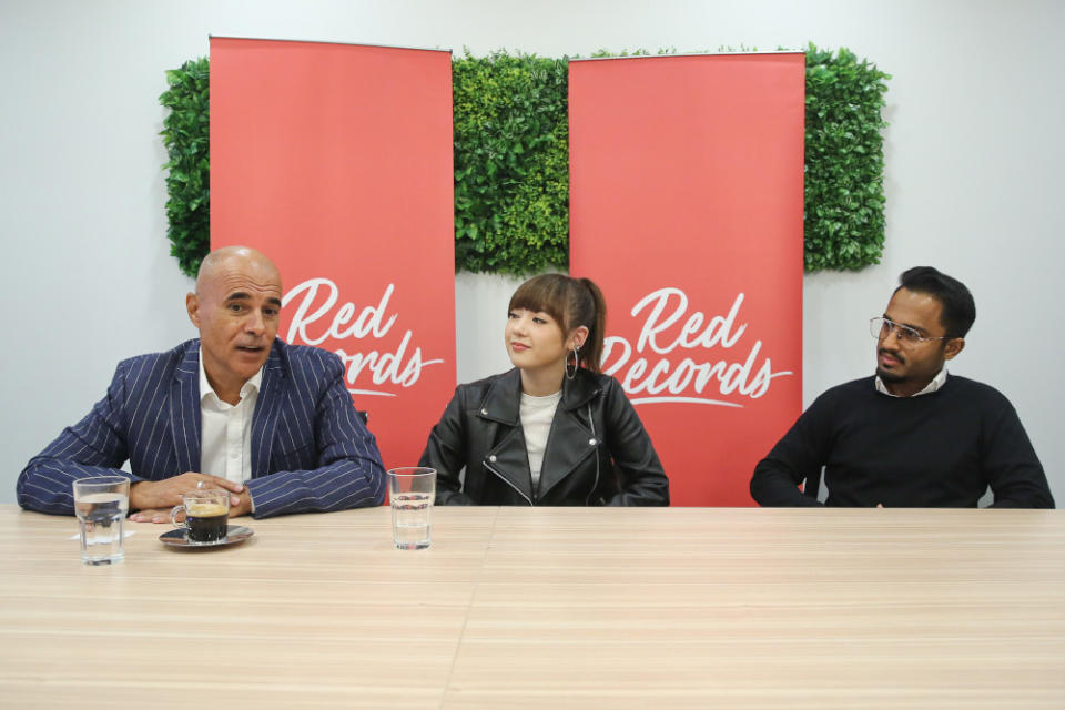 (From left) Red Records CEO Hassan Choudhury, Red Records Artist Jannine Weigel and Red Records A&amp;R manager John O during a press conference at the Universal Music in Petaling Jaya September 11, 2020. — Picture by Yusof Mat Isa