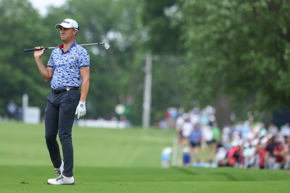 TULSA, OKLAHOMA - MAY 20: Justin Thomas of the United States reacts on the 17th green during the second round of the 2022 PGA Championship at Southern Hills Country Club on May 20, 2022 in Tulsa, Oklahoma. (Photo by Maddie Meyer/PGA of America/PGA of America via Getty Images )