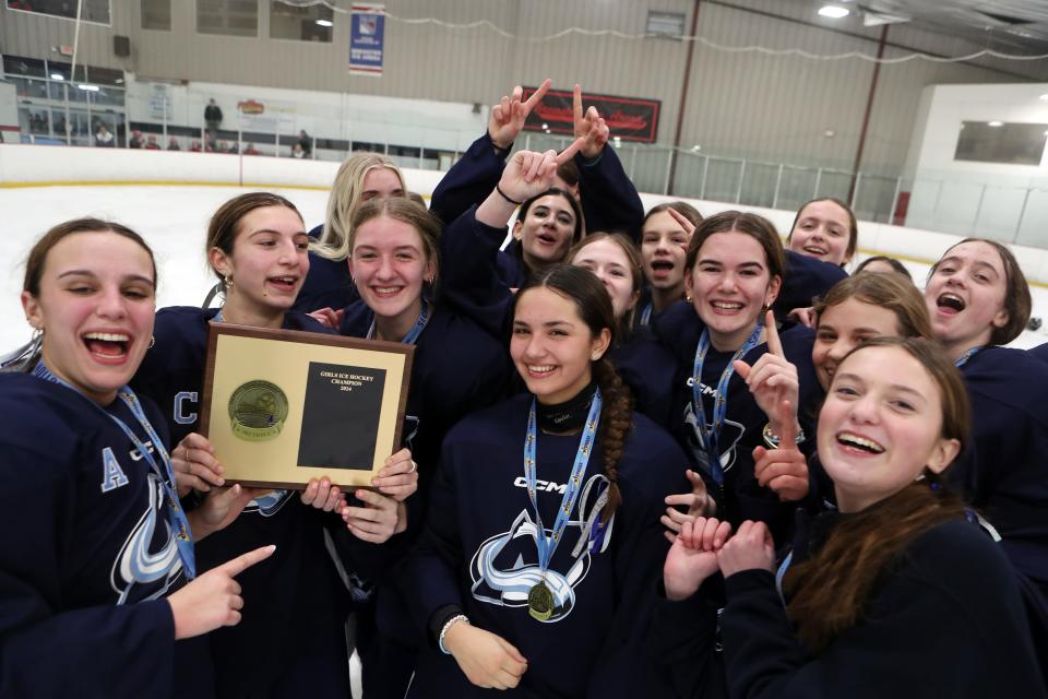 The North Avalanche celebrate after defeating the Rockland Rockies 4-0 in the Section 1 girls hockey championship at the Brewster Ice Arena Feb. 8, 2024. Feb. 7, 2024.