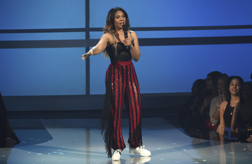 Host Regina Hall speaks at the BET Awards on Sunday, June 23, 2019, at the Microsoft Theater in Los Angeles. (Photo by Chris Pizzello/Invision/AP)