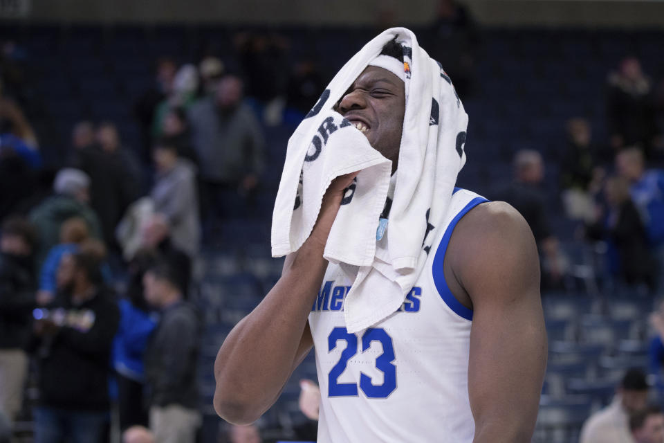 Memphis forward Malcom Dandridge (23) leaves the court after the team's loss to South Florida in an NCAA college basketball game Thursday, Jan. 18, 2024, in Memphis, Tenn. (AP Photo/Nikki Boertman)