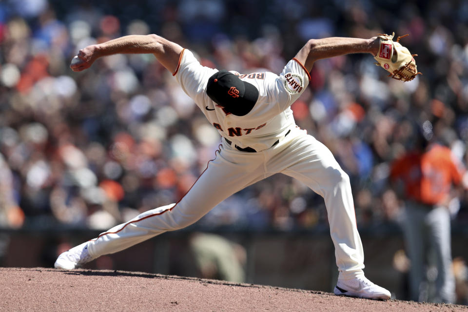 San Francisco Giants' Tyler Rogers throws against the Houston Astros during the eighth inning of a baseball game in San Francisco, Sunday, Aug. 1, 2021. (AP Photo/Jed Jacobsohn)