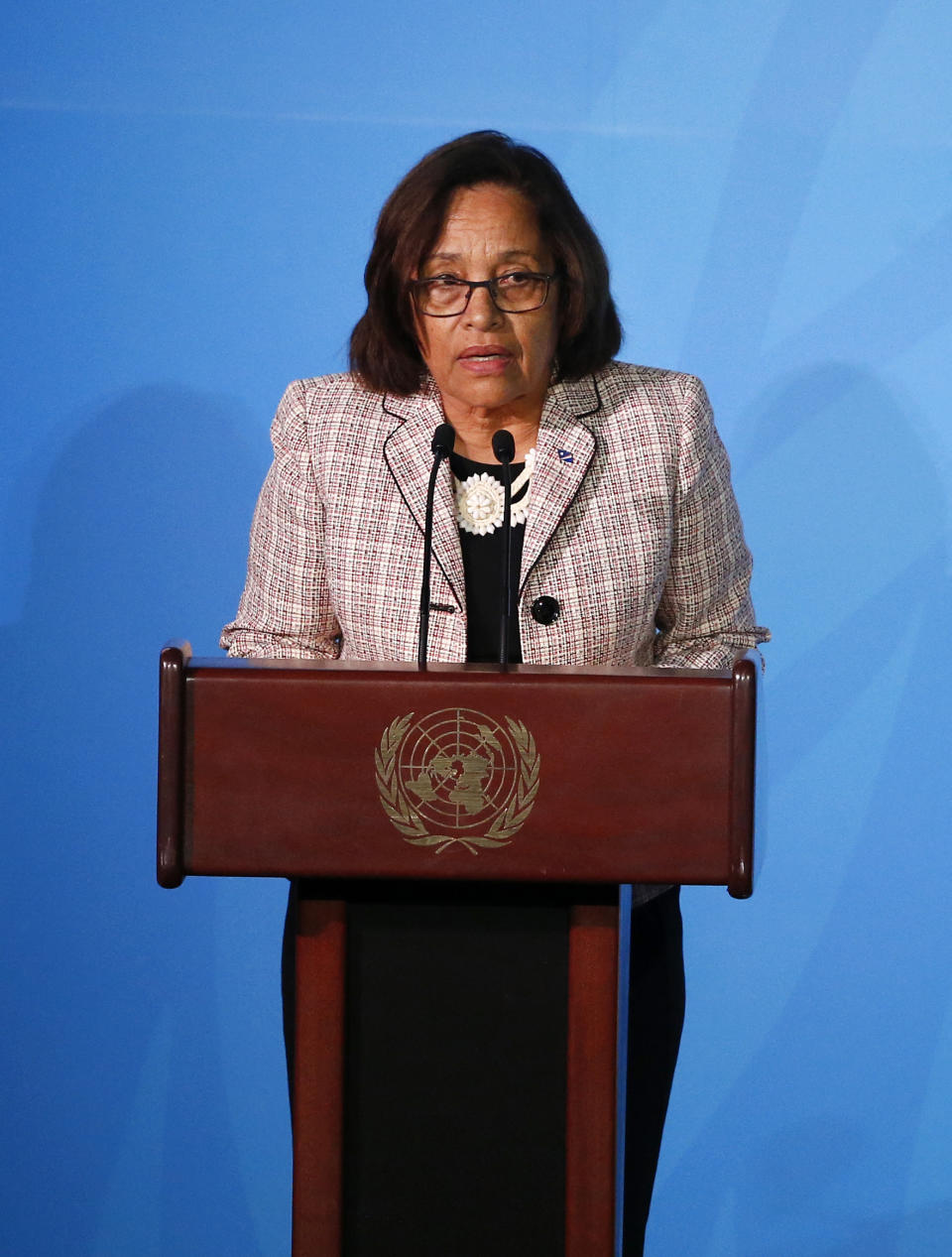 Marshall Islands' President Hilda Heine addresses the Climate Action Summit in the United Nations General Assembly, at U.N. headquarters, Monday, Sept. 23, 2019. (AP Photo/Jason DeCrow)