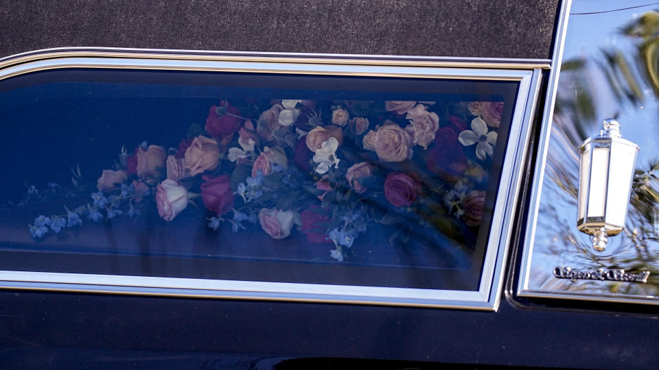 The hearse moves down Main street during the funeral service for former first lady Rosalynn Carter, Wednesday, Nov. 29, 2023, in Plains, Ga. The former first lady died on Nov. 19. She was 96. (AP Photo/Brynn Anderson)