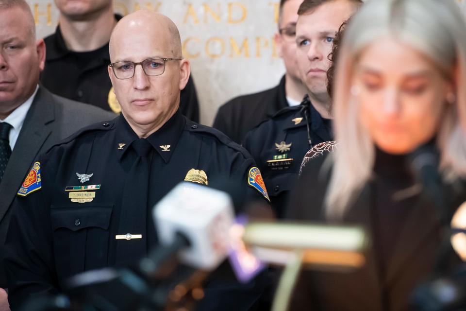 Lebanon City Police Chief Todd Breiner listens as Lebanon County District Attorney Pier Hess Graf speaks during a press conference at the Lebanon County and City Building on Thursday, April 7, 2022.