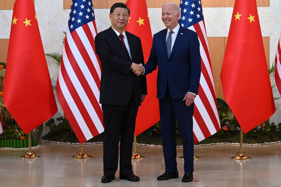 U.S. President Joe Biden and China's President Xi Jinping meet on the sidelines of the G20 Summit in Nusa Dua, on the Indonesian resort island of Bali, November 14, 2022. / Credit: SAUL LOEB/AFP/Getty