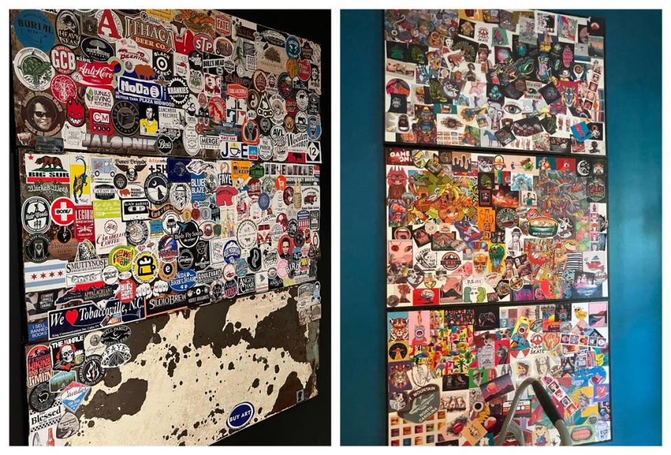 A wall of stickers (left) is a prominent art feature in the home of Zack Albert and Becca Bellamy. The art director of “Please Don’t Destroy: The Treasure of Foggy Mountain” liked it so much that he created his own version (right) for the movie.