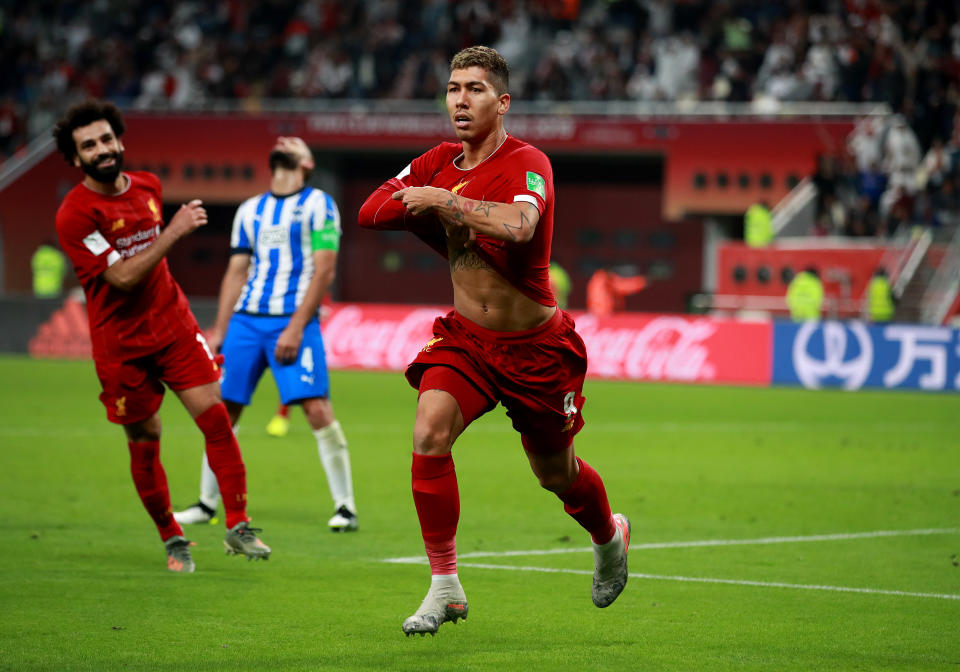 Liverpool's Roberto Firmino celebrates scoring his side's second goal of the game during the FIFA Club World Cup semi final match at the Khalifa International Stadium, Doha. (Photo by Adam Davy/PA Images via Getty Images)