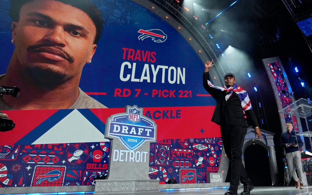 Travis Clayton reacts after being picked by the Buffalo Bills