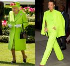 <p>The Queen is known for her classic style, which often includes <a href="https://www.townandcountrymag.com/style/fashion-trends/a21931287/queen-elizabeth-fashion-bright-colors/" rel="nofollow noopener" target="_blank" data-ylk="slk:bright monochrome looks;elm:context_link;itc:0;sec:content-canvas" class="link ">bright monochrome looks</a>, but the neon green coat she wore to a garden party in 2018 was one of her boldest outfits to date. Clearly, Blake Lively got the memo, as she stepped out in New York City a few months later dressed in a head-turning neon green suit. </p>